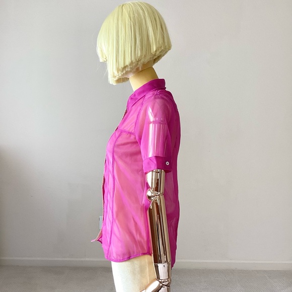 No. 21 Pink Mesh Semi Sheer Short Sleeve Button Down Shirt Top - Picture 2 of 6